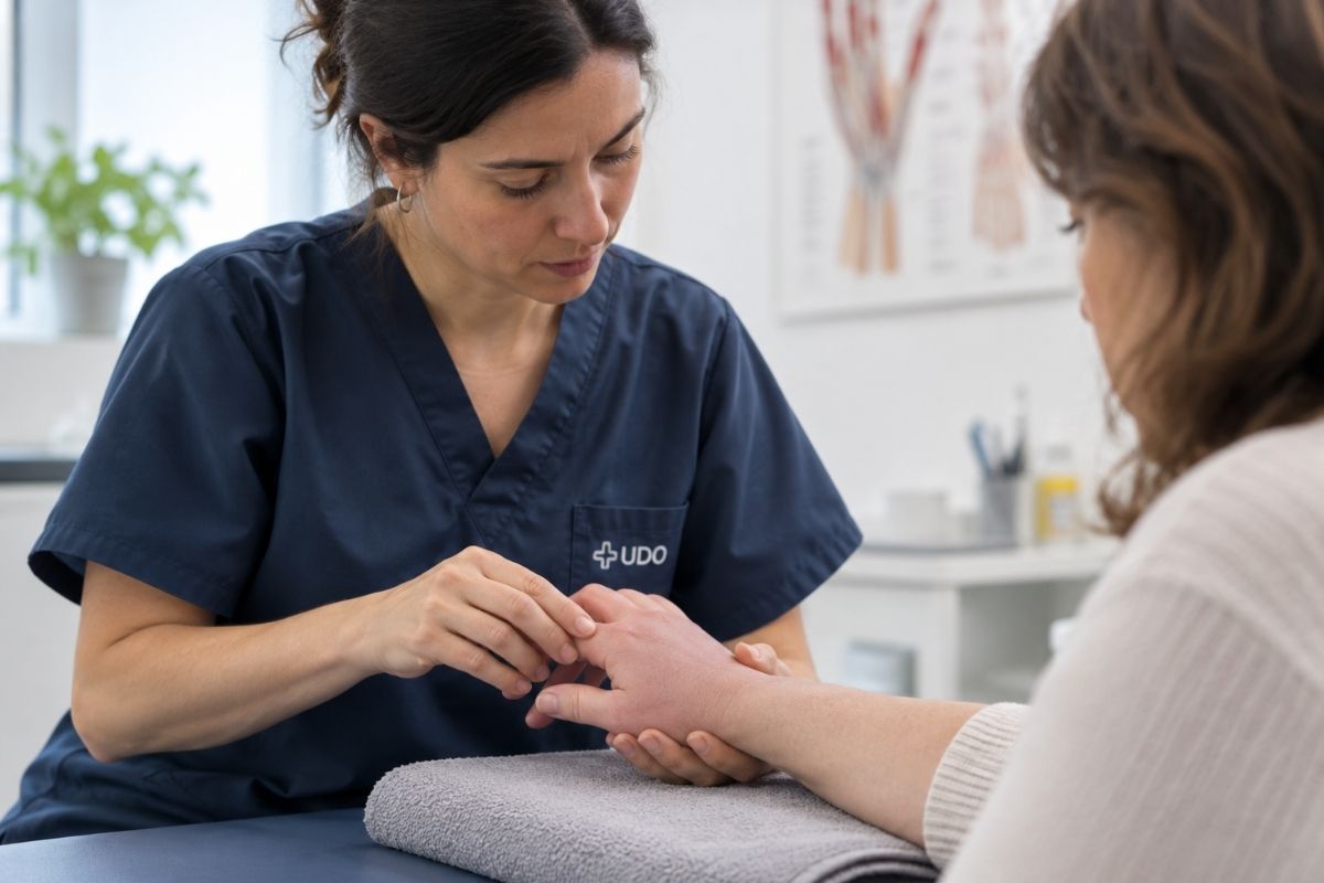 "Fisioterapeuta tratando la mano de un paciente con SDRC"