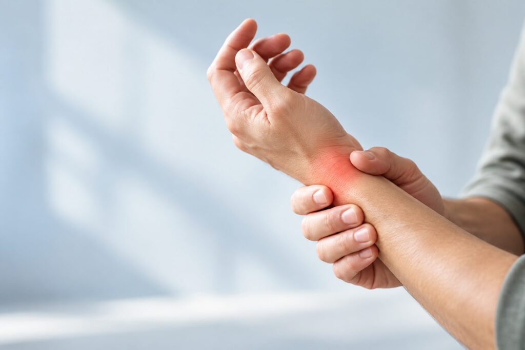 Persona con dolor de tendinitis en la muñeca sujetándose el antebrazo